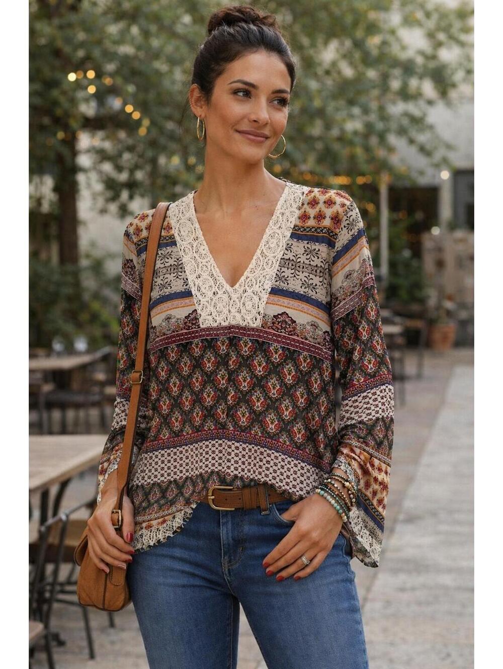 It’s About a Girl Women's Boho Lace Trim Peasant Multicolor Flowy Festival Top M
